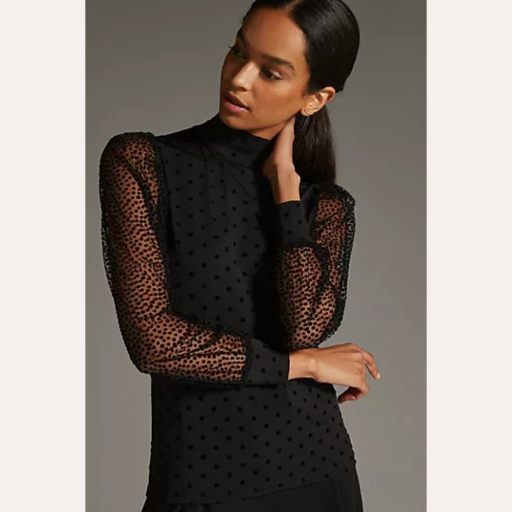 Anthropologie Eva Franco Black Polka Dot Turtle Neck knit top with Sheer Sleeves